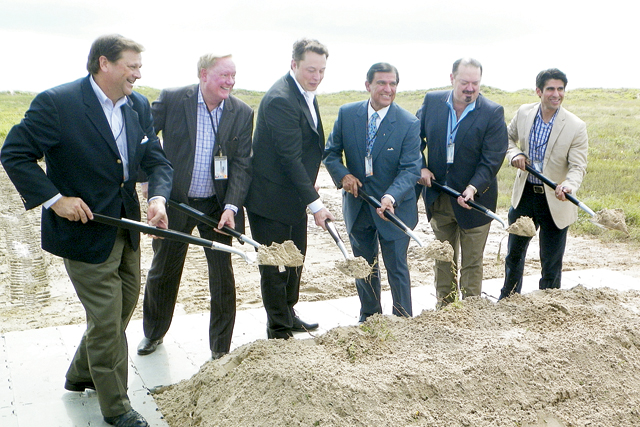 (Staff photos by Jacob Lopez) Local, state and federal officials are seen breaking ground on the SpaceX launch site at Boca Chica Beach in Brownsville on Monday, Sept. 22. Among those shown are SpaceX CEO Elon Musk (third from left), State Senator Eddie Lucio Jr. (fourth from left), State Representatives Rene O. Oliveira (fifth from left) and Eddie Lucio III (far right).